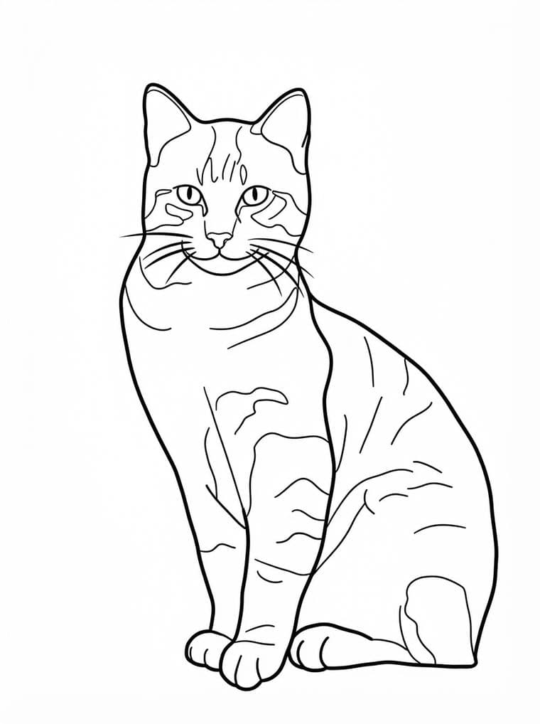 A line drawing of a cat sitting upright, with its outline and its markings drawn in thin clean lines on a white page.