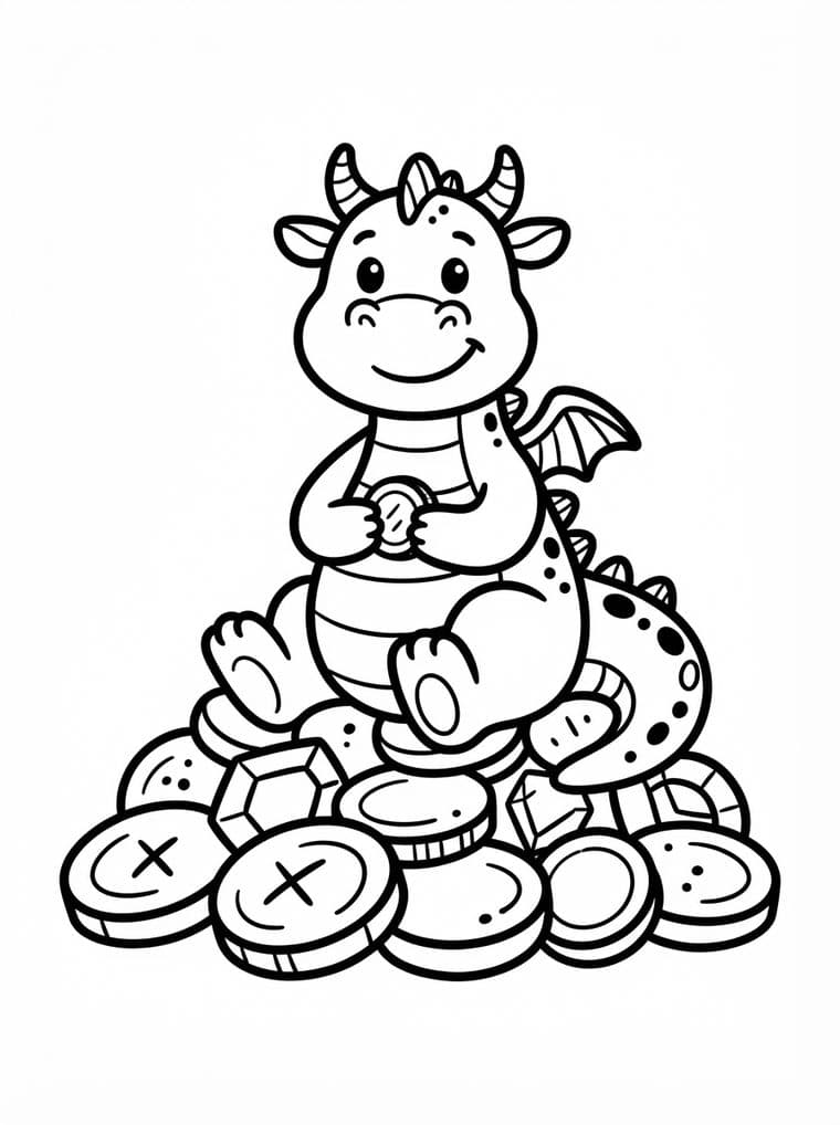 A colouring page Inklingly made: a smiling dragon sitting on a pile of coins and gems, drawn in thick outlines.