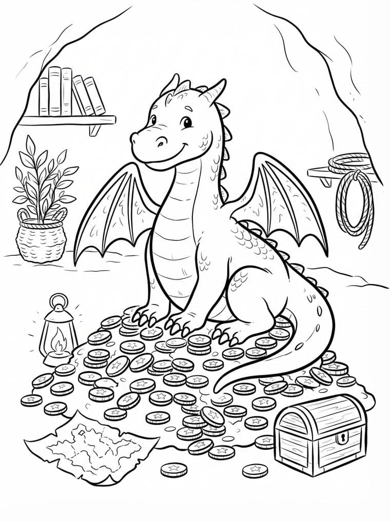 A dragon resting in a lamplit cave on a spread of coins, with a bookshelf, a potted plant, a coil of rope, a lantern, a map and a treasure chest around it.