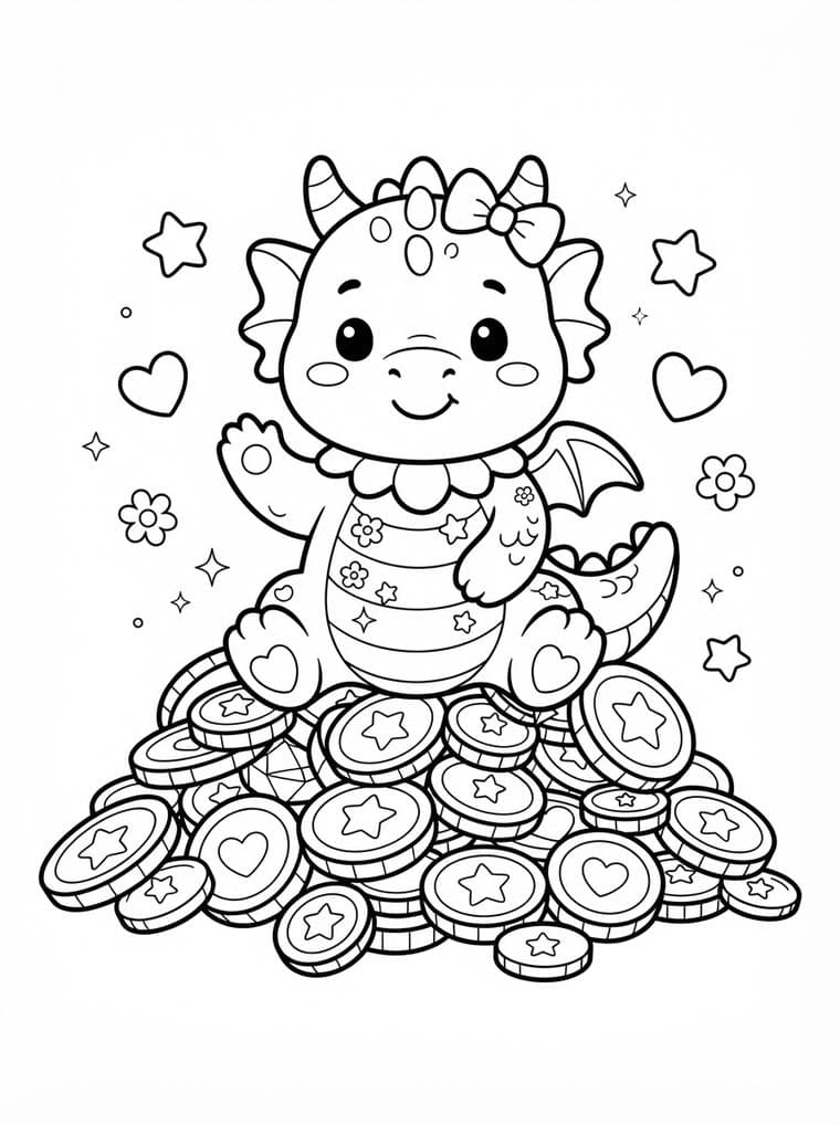A round-faced baby dragon wearing a bow, waving from the top of a heap of star-stamped coins, with little hearts, flowers and sparkles floating around it.