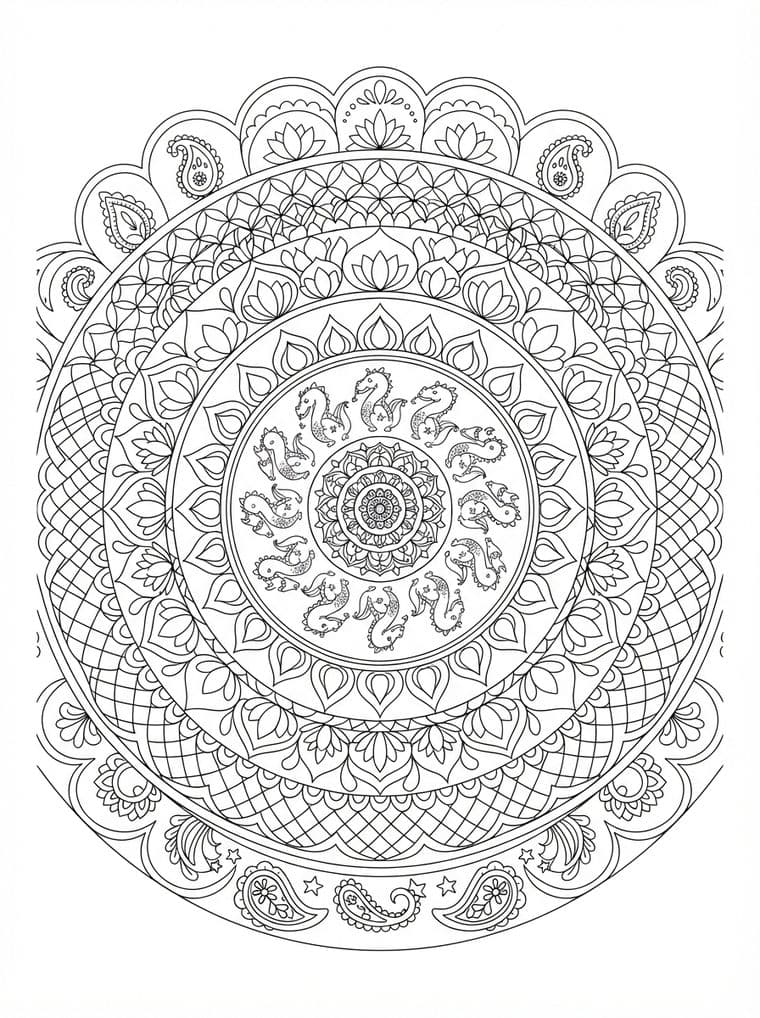 A large circular mandala of concentric rings — lotus petals, lattice, paisley and a ring of small seahorses around a flower at the centre.